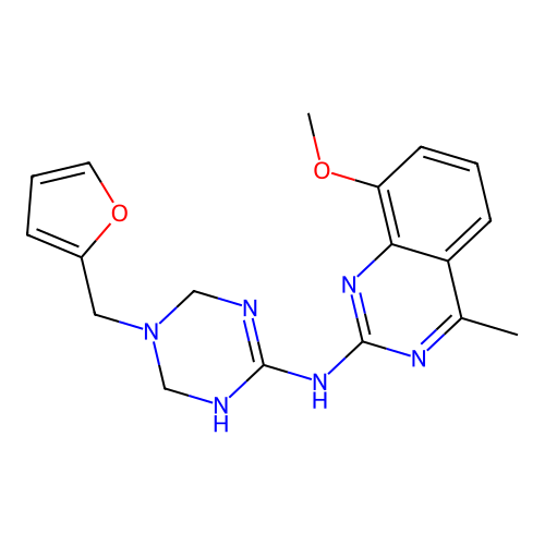 N-[5-(furan-2-ylmethyl)-1,4,5,6-tetrahydro-1,3,5-triazin-2-yl]-8-methoxy-4-methylquinazolin-2-amine structure