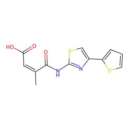 (Z)-3-methyl-4-oxo-4-((4-(thiophen-2-yl)thiazol-2-yl)amino)but-2-enoic acid structure