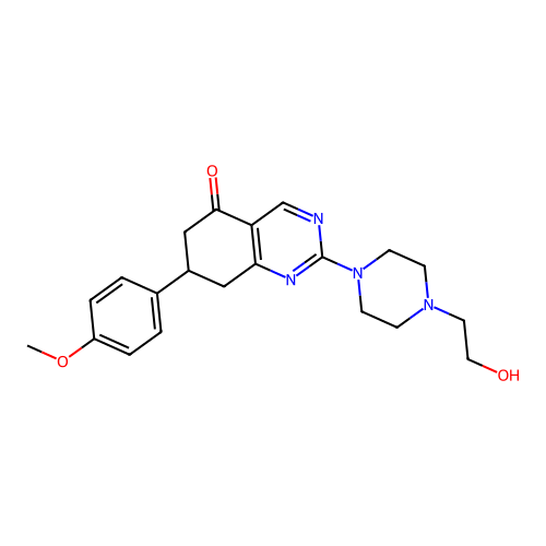 2-[4-(2-hydroxyethyl)piperazin-1-yl]-7-(4-methoxyphenyl)-7,8-dihydro-6H-quinazolin-5-one structure