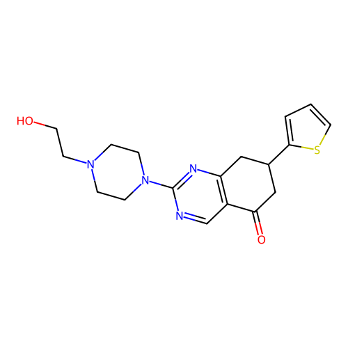 2-[4-(2-hydroxyethyl)piperazin-1-yl]-7-(thiophen-2-yl)-7,8-dihydroquinazolin-5(6H)-one structure