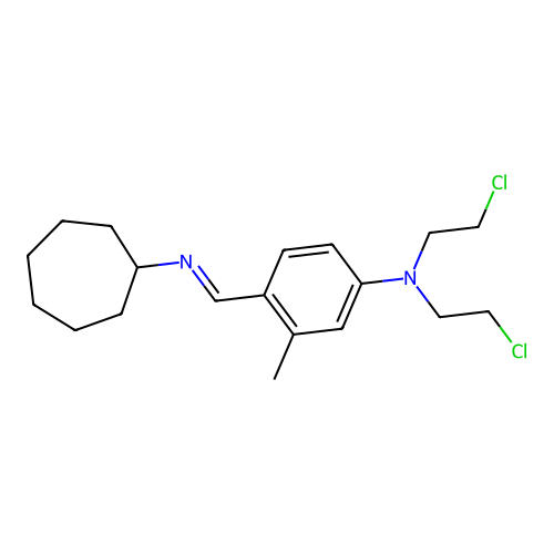 N,N-bis(2-chloroethyl)-4-(cycloheptyliminomethyl)-3-methylaniline structure