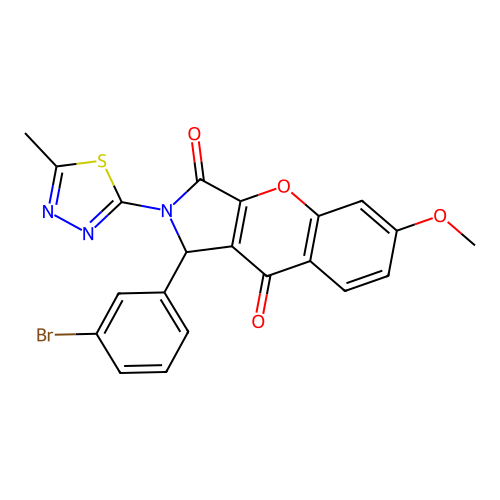 1-(3-bromophenyl)-6-methoxy-2-(5-methyl-1,3,4-thiadiazol-2-yl)-1,2-dihydrochromeno[2,3-c]pyrrole-3,9-dione structure