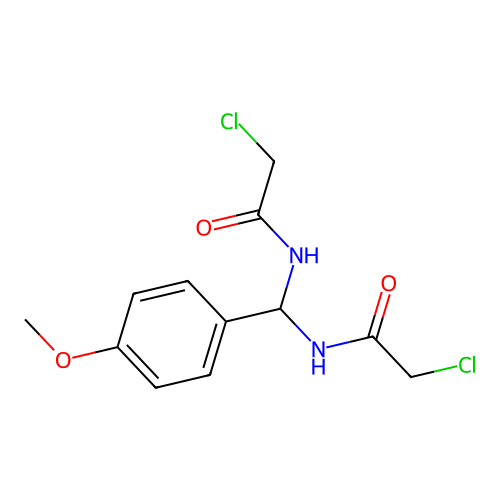 N,N'-[(4-methoxyphenyl)methanediyl]bis(2-chloroacetamide) structure
