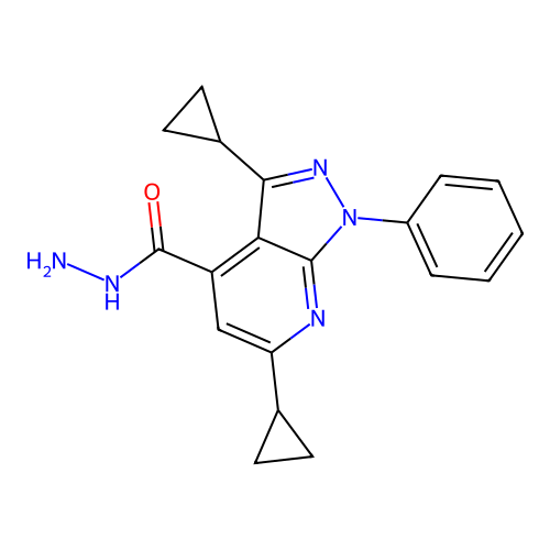 3,6-dicyclopropyl-1-phenyl-1H-pyrazolo[3,4-b]pyridine-4-carbohydrazide structure