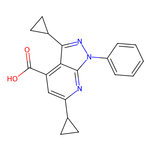 3,6-dicyclopropyl-1-phenyl-1H-pyrazolo[3,4-b]pyridine-4-carboxylic acid structure