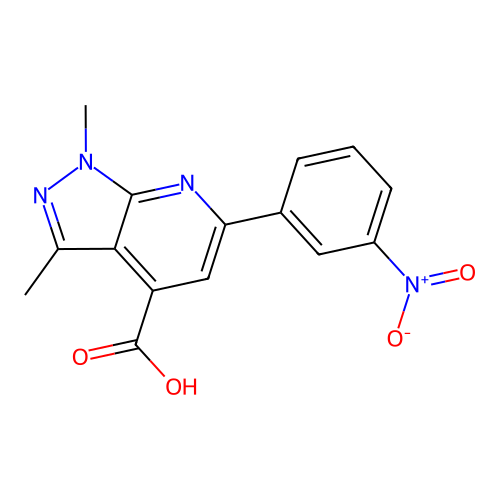 1,3-dimethyl-6-(3-nitrophenyl)-1H-pyrazolo[3,4-b]pyridine-4-carboxylic acid structure