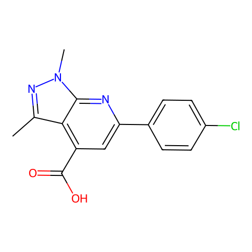 6-(4-chlorophenyl)-1,3-dimethyl-1H-pyrazolo[3,4-b]pyridine-4-carboxylic acid structure