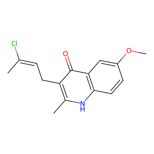 (E)-3-(3-chlorobut-2-en-1-yl)-6-methoxy-2-methylquinolin-4-ol structure