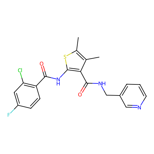 2-[(2-chloro-4-fluorobenzoyl)amino]-4,5-dimethyl-N-(pyridin-3-ylmethyl)thiophene-3-carboxamide structure