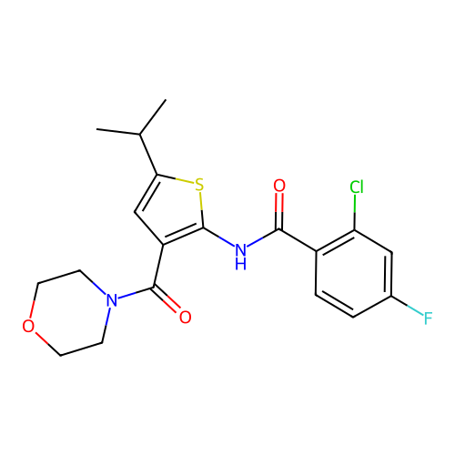 2-chloro-4-fluoro-N-[3-(morpholine-4-carbonyl)-5-propan-2-ylthiophen-2-yl]benzamide structure