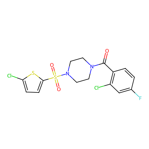 (2-chloro-4-fluorophenyl)-[4-(5-chlorothiophen-2-yl)sulfonylpiperazin-1-yl]methanone structure