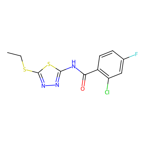 2-chloro-N-(5-ethylsulfanyl-1,3,4-thiadiazol-2-yl)-4-fluorobenzamide structure
