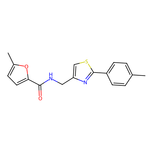 5-methyl-N-[[2-(4-methylphenyl)-1,3-thiazol-4-yl]methyl]furan-2-carboxamide structure