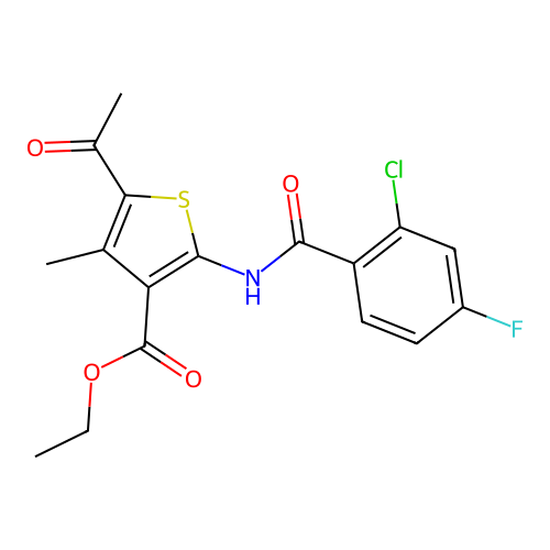 ETHYL 5-ACETYL-2-(2-CHLORO-4-FLUOROBENZAMIDO)-4-METHYLTHIOPHENE-3-CARBOXYLATE structure