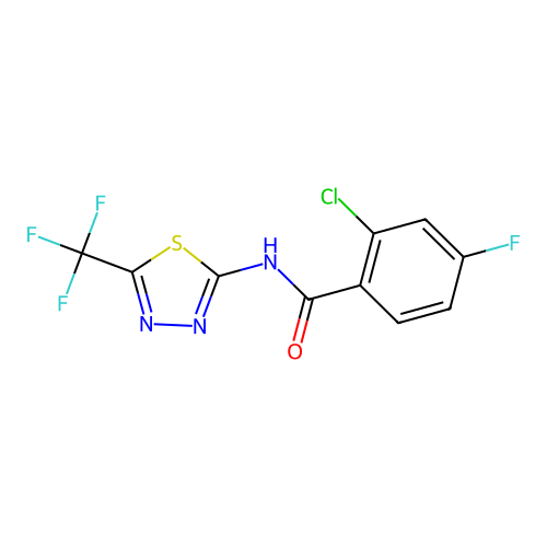 2-chloro-4-fluoro-N-[5-(trifluoromethyl)-1,3,4-thiadiazol-2-yl]benzamide structure