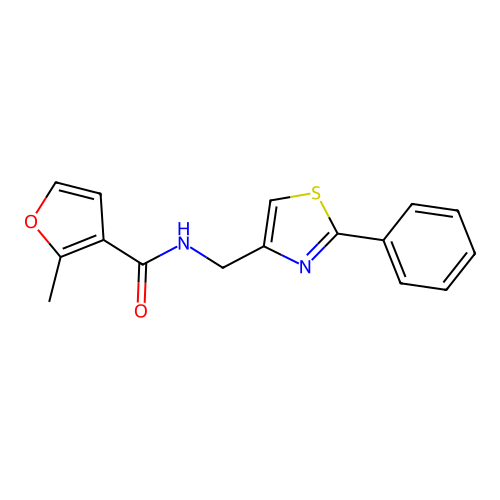 2-methyl-N-[(2-phenyl-1,3-thiazol-4-yl)methyl]furan-3-carboxamide structure