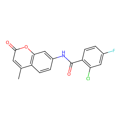 2-chloro-4-fluoro-N-(4-methyl-2-oxochromen-7-yl)benzamide structure