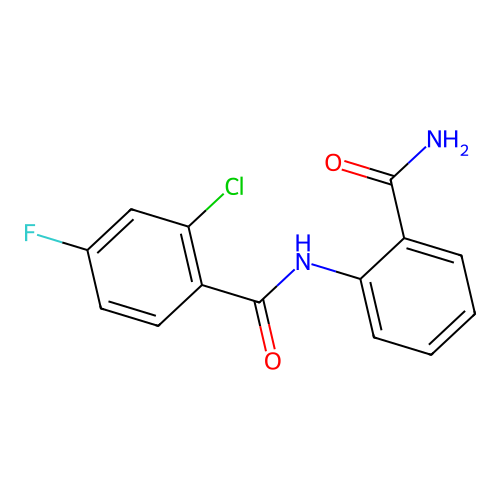 N-(2-carbamoylphenyl)-2-chloro-4-fluorobenzamide structure