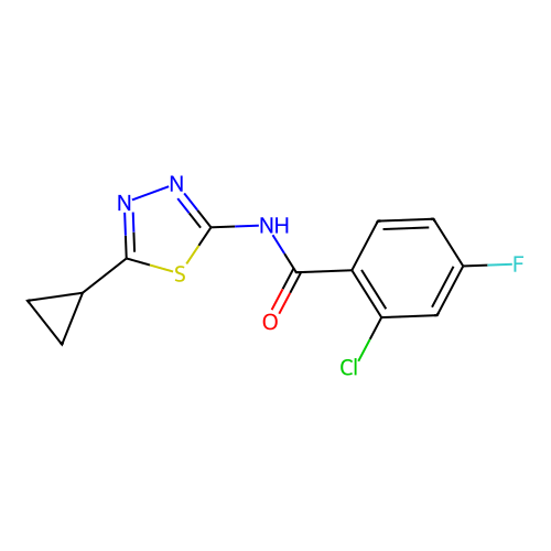 2-chloro-N-(5-cyclopropyl-1,3,4-thiadiazol-2-yl)-4-fluorobenzamide structure