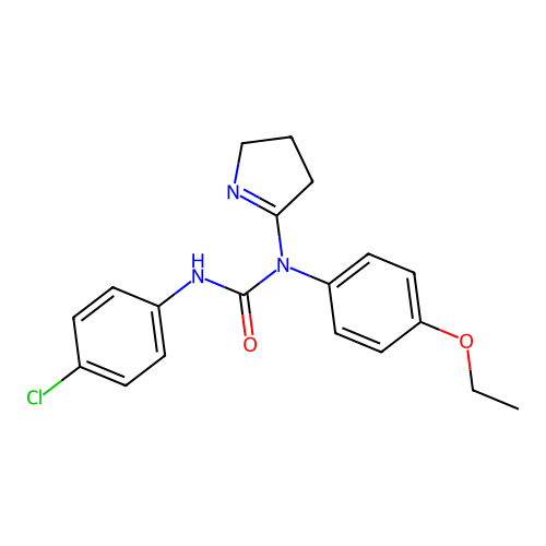 3-(4-chlorophenyl)-1-(3,4-dihydro-2H-pyrrol-5-yl)-1-(4-ethoxyphenyl)urea structure