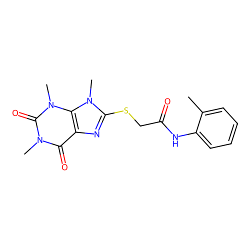 N-(2-methylphenyl)-2-(1,3,9-trimethyl-2,6-dioxopurin-8-yl)sulfanylacetamide structure