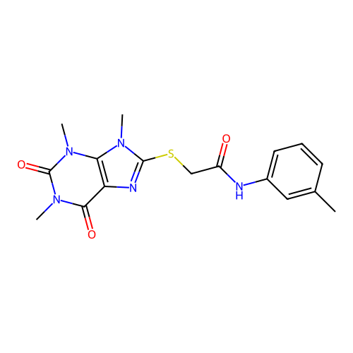 N-(3-methylphenyl)-2-(1,3,9-trimethyl-2,6-dioxopurin-8-yl)sulfanylacetamide structure