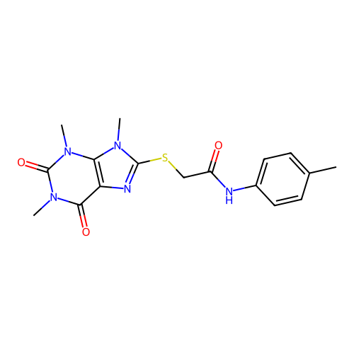 N-(4-methylphenyl)-2-(1,3,9-trimethyl-2,6-dioxopurin-8-yl)sulfanylacetamide structure