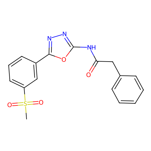 N-[5-(3-methylsulfonylphenyl)-1,3,4-oxadiazol-2-yl]-2-phenylacetamide structure