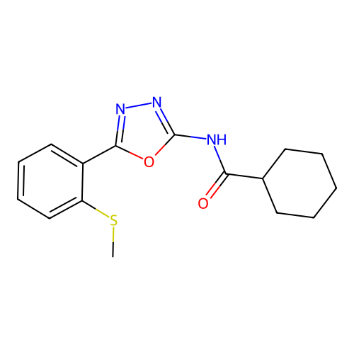 N-[5-(2-methylsulfanylphenyl)-1,3,4-oxadiazol-2-yl]cyclohexanecarboxamide structure