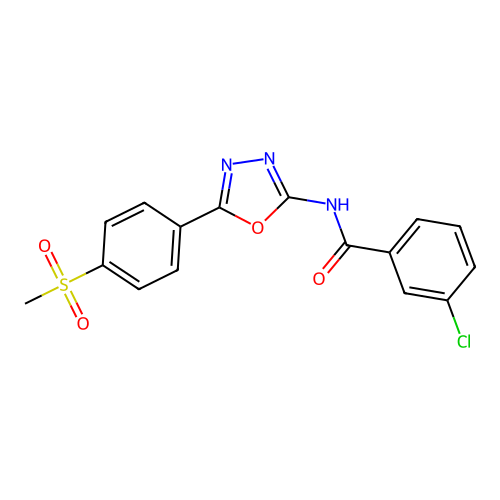 3-chloro-N-[5-(4-methylsulfonylphenyl)-1,3,4-oxadiazol-2-yl]benzamide structure