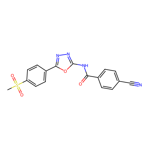 4-cyano-N-[5-(4-methylsulfonylphenyl)-1,3,4-oxadiazol-2-yl]benzamide structure