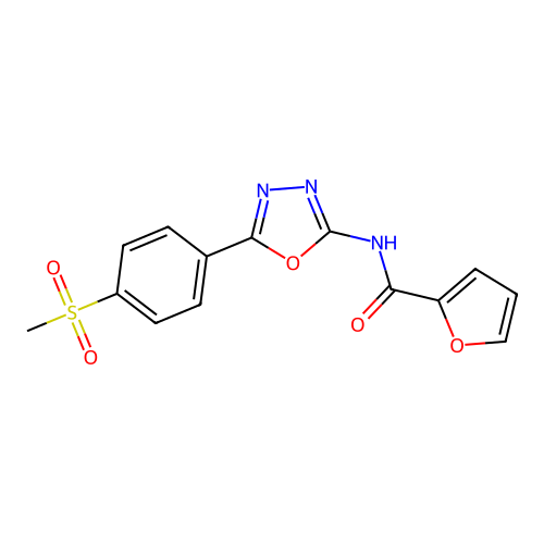 N-[5-(4-methylsulfonylphenyl)-1,3,4-oxadiazol-2-yl]furan-2-carboxamide structure