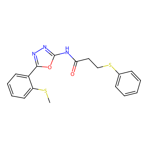 N-[5-(2-methylsulfanylphenyl)-1,3,4-oxadiazol-2-yl]-3-phenylsulfanylpropanamide structure