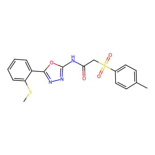 N-(5-(2-(methylthio)phenyl)-1,3,4-oxadiazol-2-yl)-2-tosylacetamide structure