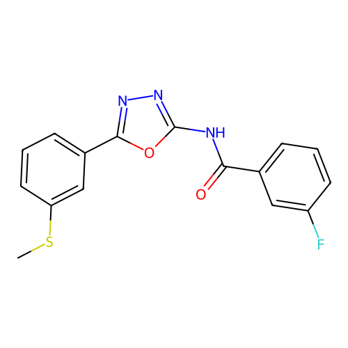 3-fluoro-N-[5-(3-methylsulfanylphenyl)-1,3,4-oxadiazol-2-yl]benzamide structure