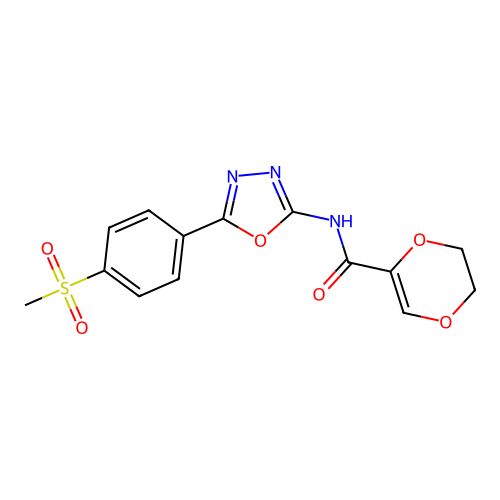 N-(5-(4-(methylsulfonyl)phenyl)-1,3,4-oxadiazol-2-yl)-5,6-dihydro-1,4-dioxine-2-carboxamide structure
