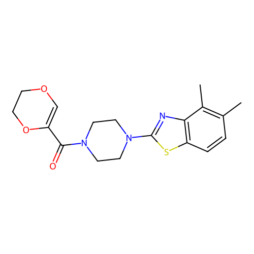 2-[4-(5,6-dihydro-1,4-dioxine-2-carbonyl)piperazin-1-yl]-4,5-dimethyl-1,3-benzothiazole structure
