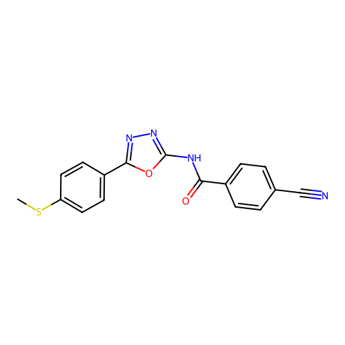 4-cyano-N-[5-(4-methylsulfanylphenyl)-1,3,4-oxadiazol-2-yl]benzamide structure