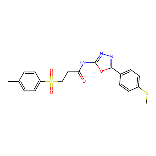 N-(5-(4-(methylthio)phenyl)-1,3,4-oxadiazol-2-yl)-3-tosylpropanamide structure