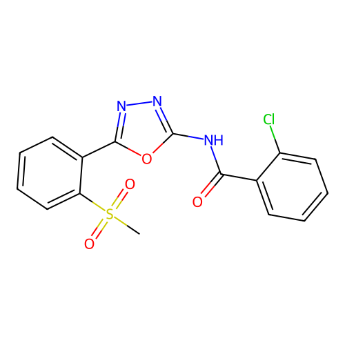 2-chloro-N-[5-(2-methylsulfonylphenyl)-1,3,4-oxadiazol-2-yl]benzamide structure