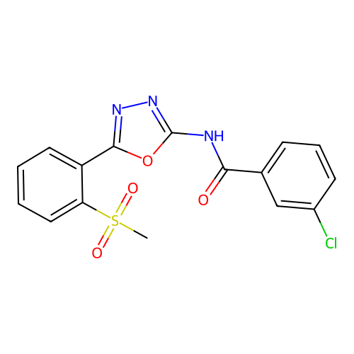 3-chloro-N-[5-(2-methylsulfonylphenyl)-1,3,4-oxadiazol-2-yl]benzamide structure