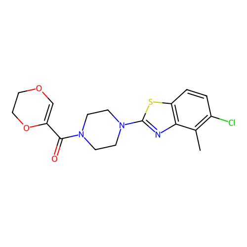 5-chloro-2-[4-(5,6-dihydro-1,4-dioxine-2-carbonyl)piperazin-1-yl]-4-methyl-1,3-benzothiazole structure