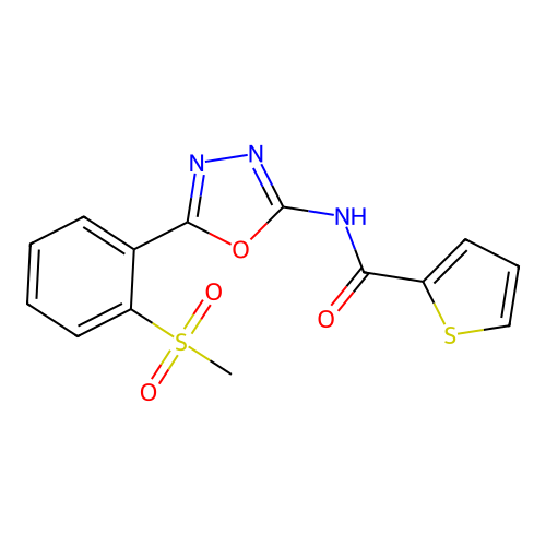 N-[5-(2-methylsulfonylphenyl)-1,3,4-oxadiazol-2-yl]thiophene-2-carboxamide structure