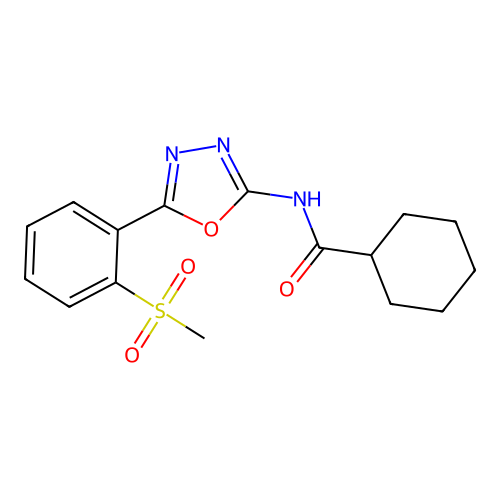 N-[5-(2-methylsulfonylphenyl)-1,3,4-oxadiazol-2-yl]cyclohexanecarboxamide structure