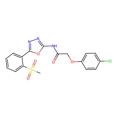 2-(4-chlorophenoxy)-N-[5-(2-methylsulfonylphenyl)-1,3,4-oxadiazol-2-yl]acetamide structure