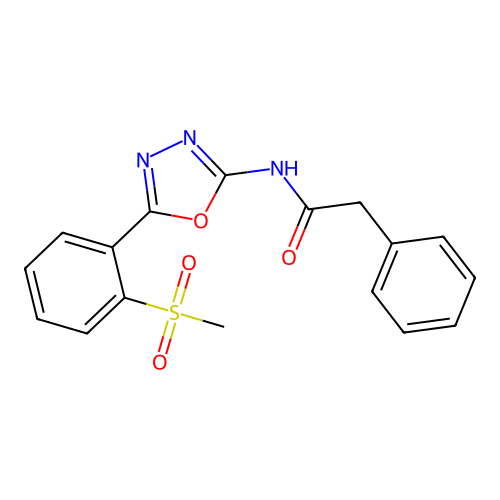 N-[5-(2-methylsulfonylphenyl)-1,3,4-oxadiazol-2-yl]-2-phenylacetamide structure