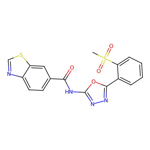 N-[5-(2-methanesulfonylphenyl)-1,3,4-oxadiazol-2-yl]-1,3-benzothiazole-6-carboxamide structure