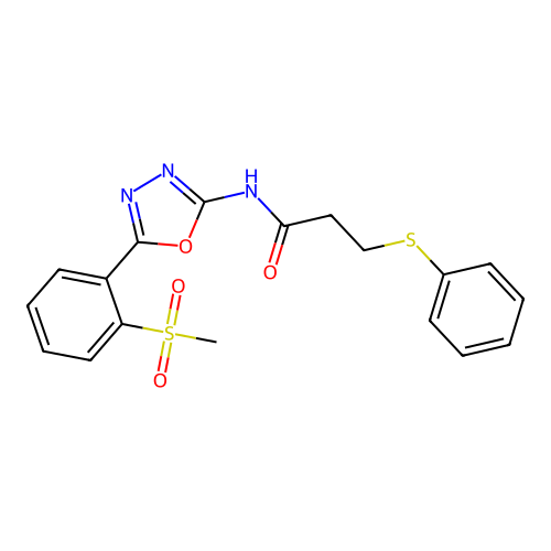 N-[5-(2-methylsulfonylphenyl)-1,3,4-oxadiazol-2-yl]-3-phenylsulfanylpropanamide structure