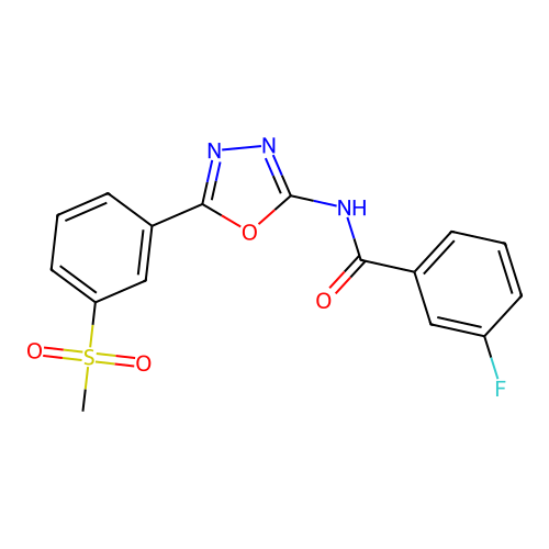 3-fluoro-N-[5-(3-methylsulfonylphenyl)-1,3,4-oxadiazol-2-yl]benzamide structure