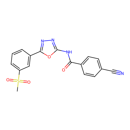 4-cyano-N-[5-(3-methylsulfonylphenyl)-1,3,4-oxadiazol-2-yl]benzamide structure